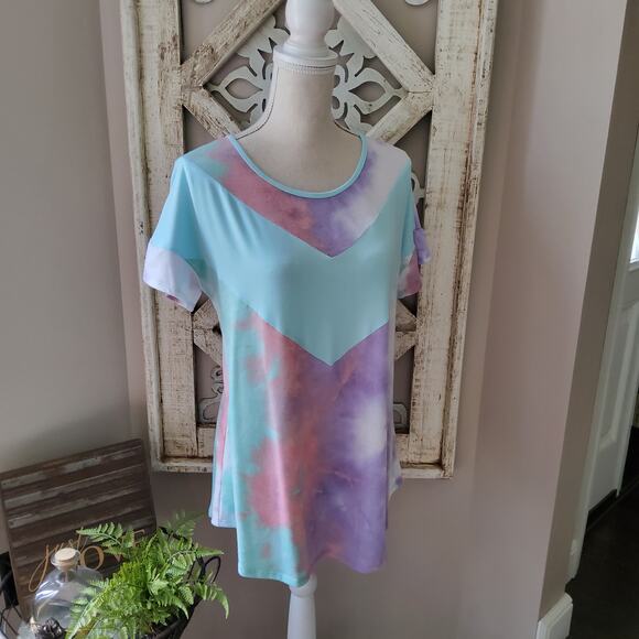 Women's Short Sleeve T-Shirt Tee Top in Pastel Tie Dye Chevron Relaxed Fit - Picture 2 of 13